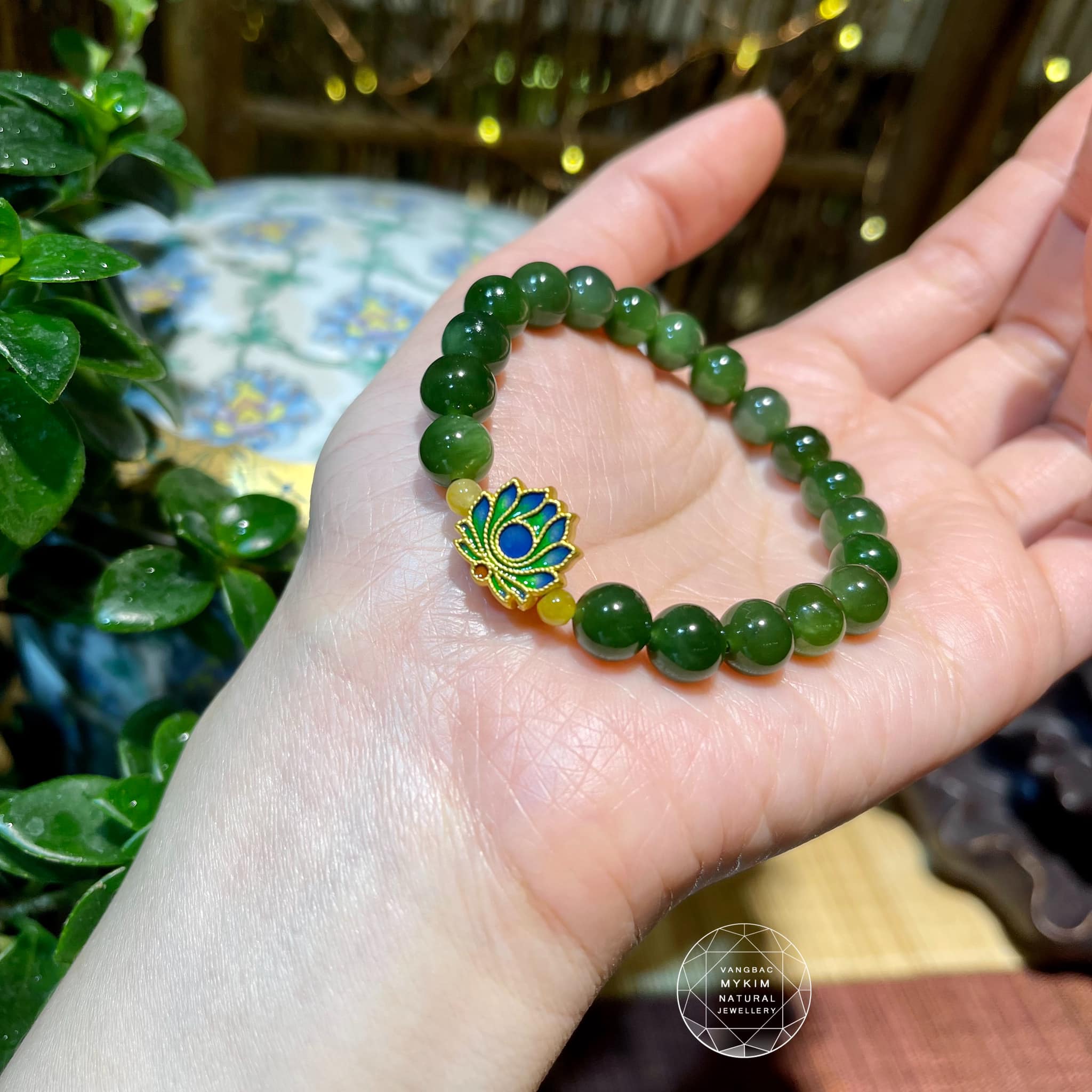 Vòng Ngọc Bích Nephrite mix Ngọc Phỉ Thúy - Hoa Sen Vàng 24k