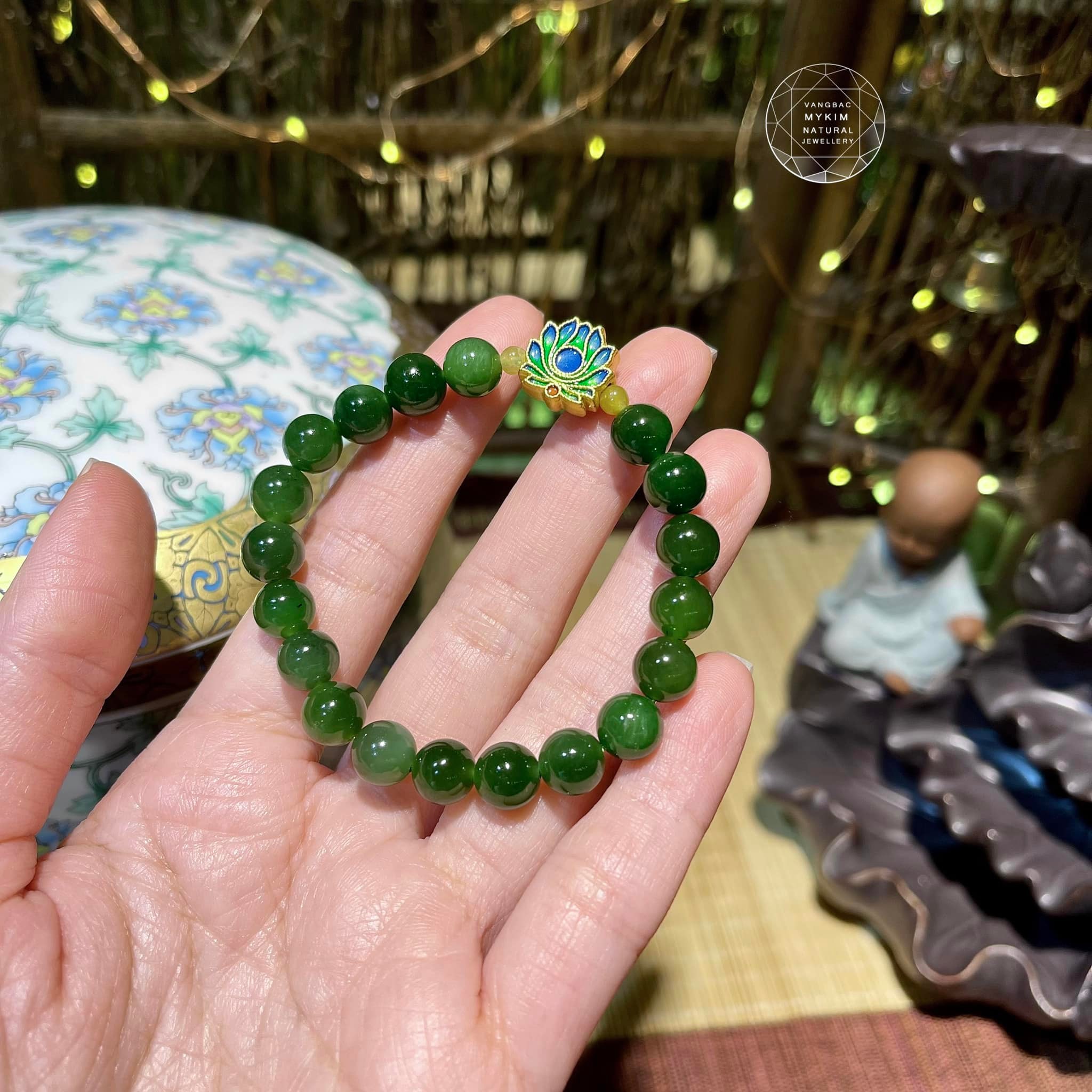 🌿 Vòng Ngọc Bích Nephrite Mix Ngọc Phỉ Thúy • Charm Hoa Sen Vàng • Tài Lộc & Bình An