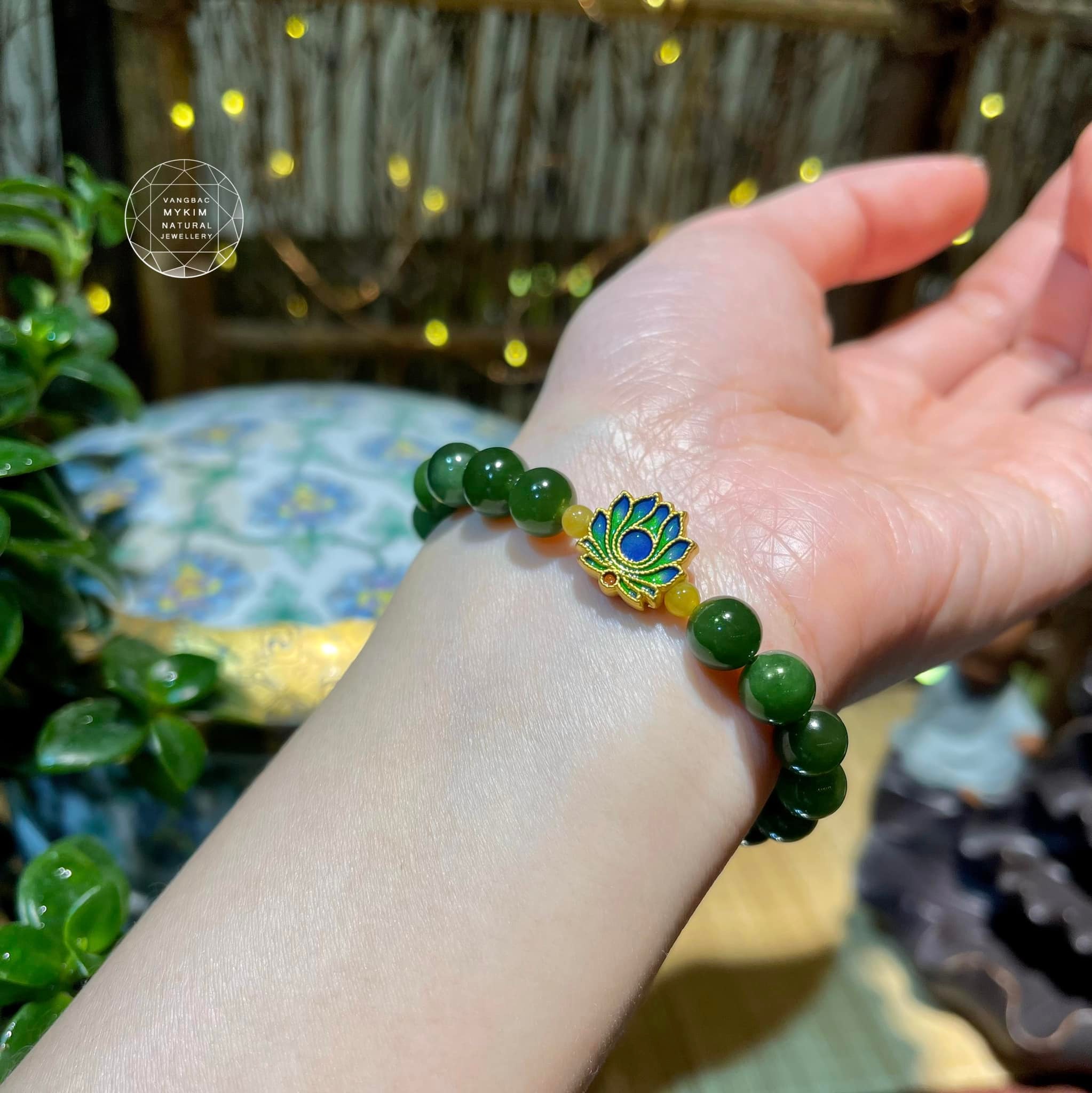 🌿 Vòng Ngọc Bích Nephrite Mix Ngọc Phỉ Thúy • Charm Hoa Sen Vàng • Tài Lộc & Bình An