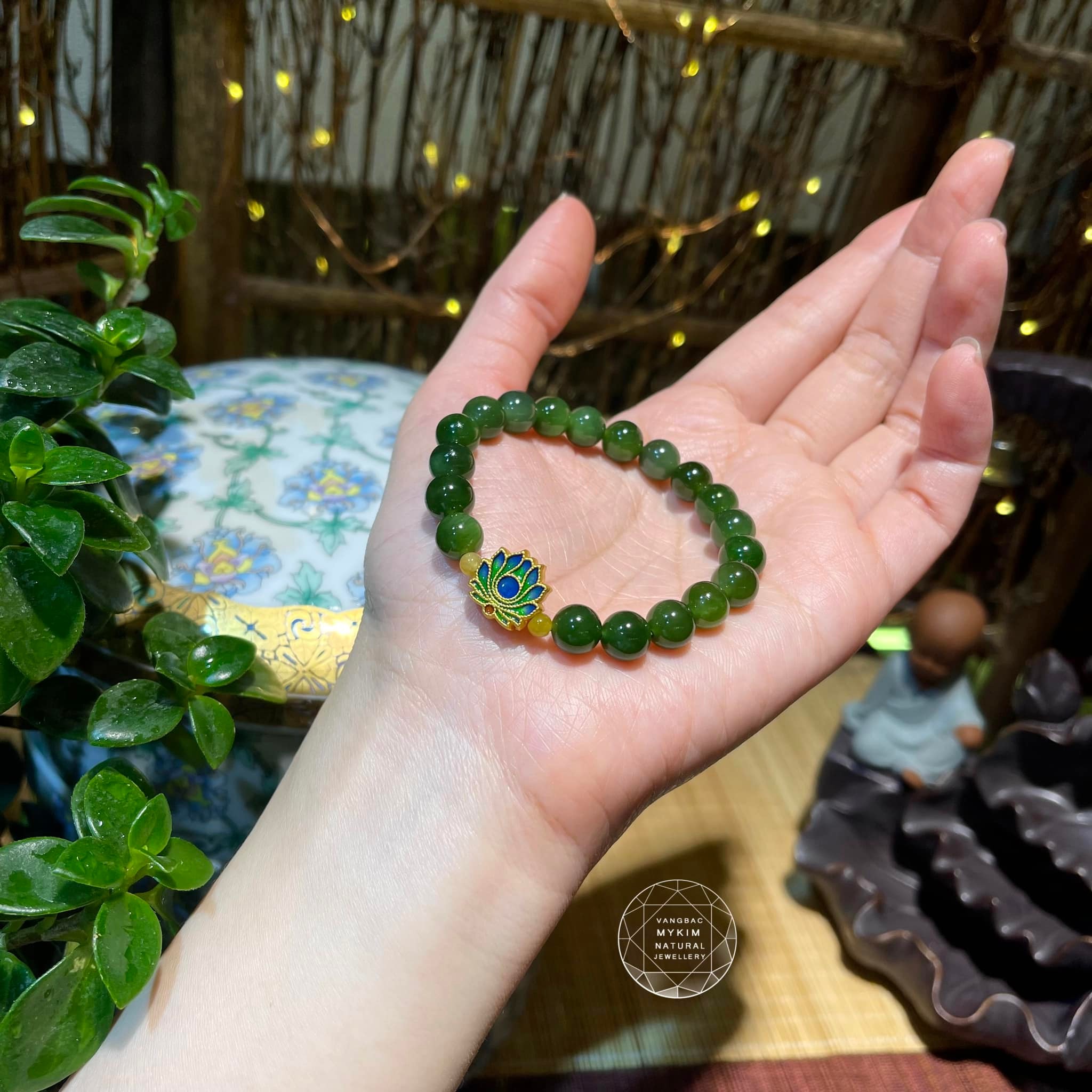 Vòng Ngọc Bích Nephrite mix Ngọc Phỉ Thúy - Hoa Sen Vàng 24k