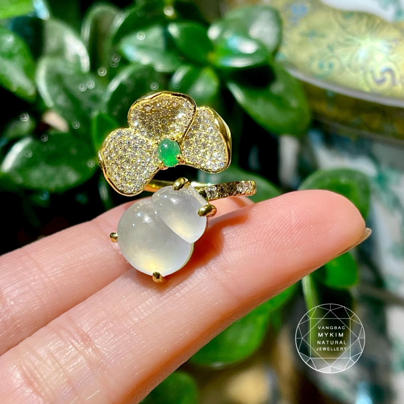 Nhẫn Hồ Lô Băng Ngọc Phỉ Thúy Jadeite - Vàng 18k - Kim cương Moissanite - Kèm Kiểm Định
