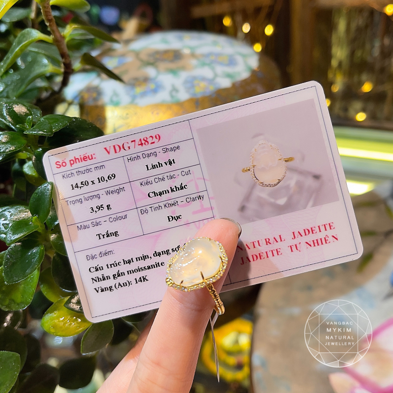 Nhẫn Tỳ Hưu Băng Ngọc Phỉ Thúy - Jadeite - Vàng 14k đính Kim cương Moissanite