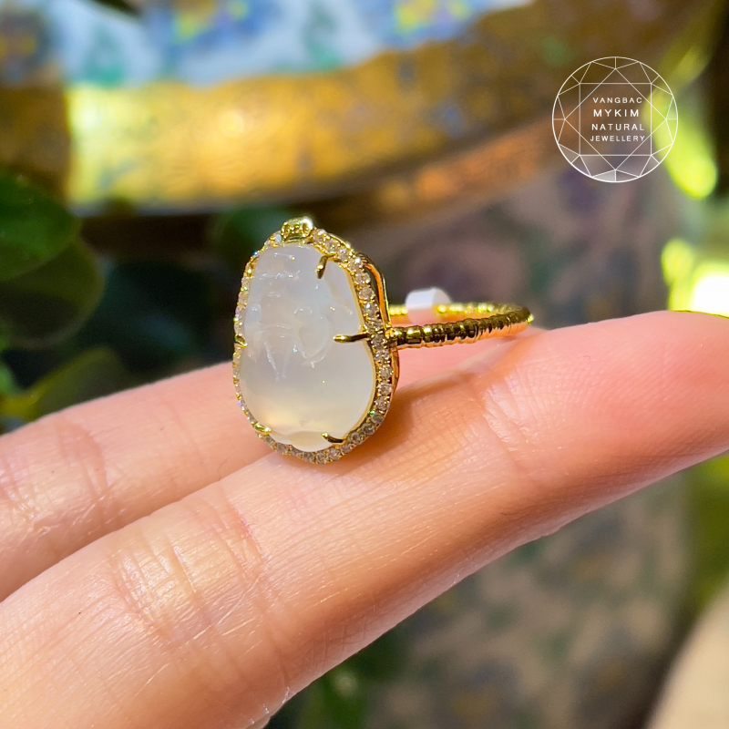 Nhẫn Tỳ Hưu Băng Ngọc Phỉ Thúy - Jadeite - Vàng 14k đính Kim cương Moissanite