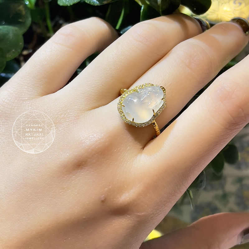Nhẫn Tỳ Hưu Băng Ngọc Phỉ Thúy - Jadeite - Vàng 14k đính Kim cương Moissanite