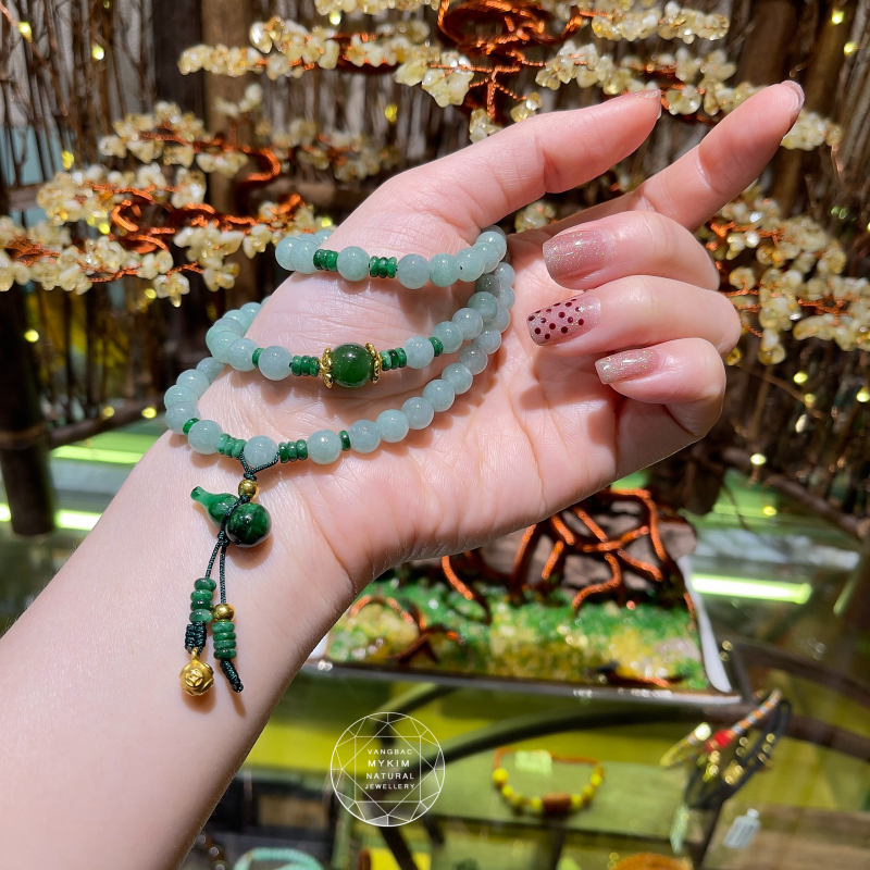 Chuỗi Vòng Ngọc Phỉ Thúy Hồ Lô (Jadeite) - Kết Vàng 24k