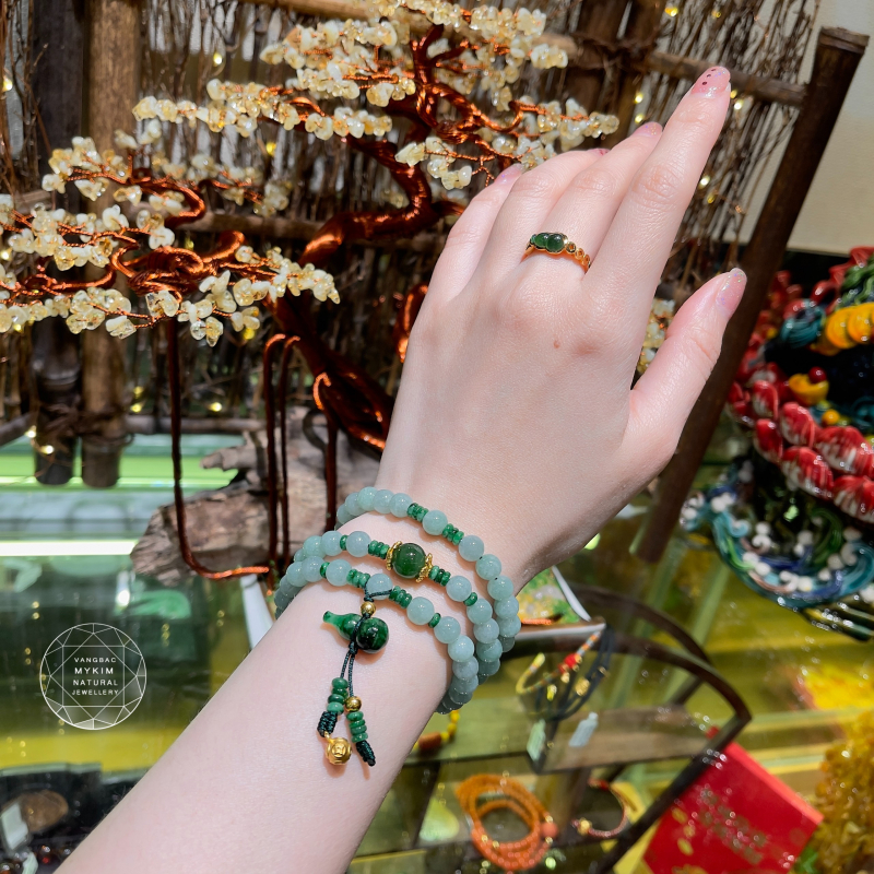 Chuỗi Vòng Ngọc Phỉ Thúy Hồ Lô (Jadeite) - Kết Vàng 24k