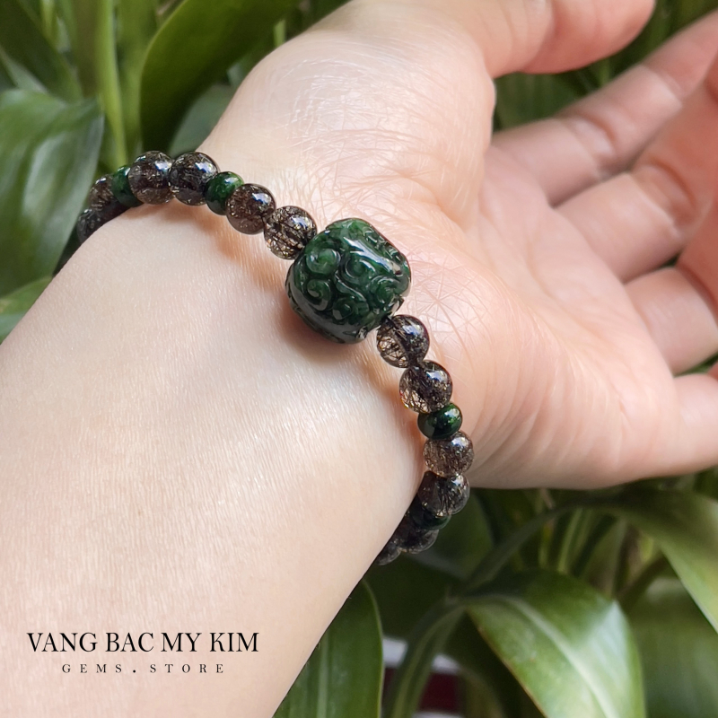 Vòng Thạch Anh Tóc Đen Ánh Kim - mix Ngọc Phỉ Thúy Jadeite điêu khắc