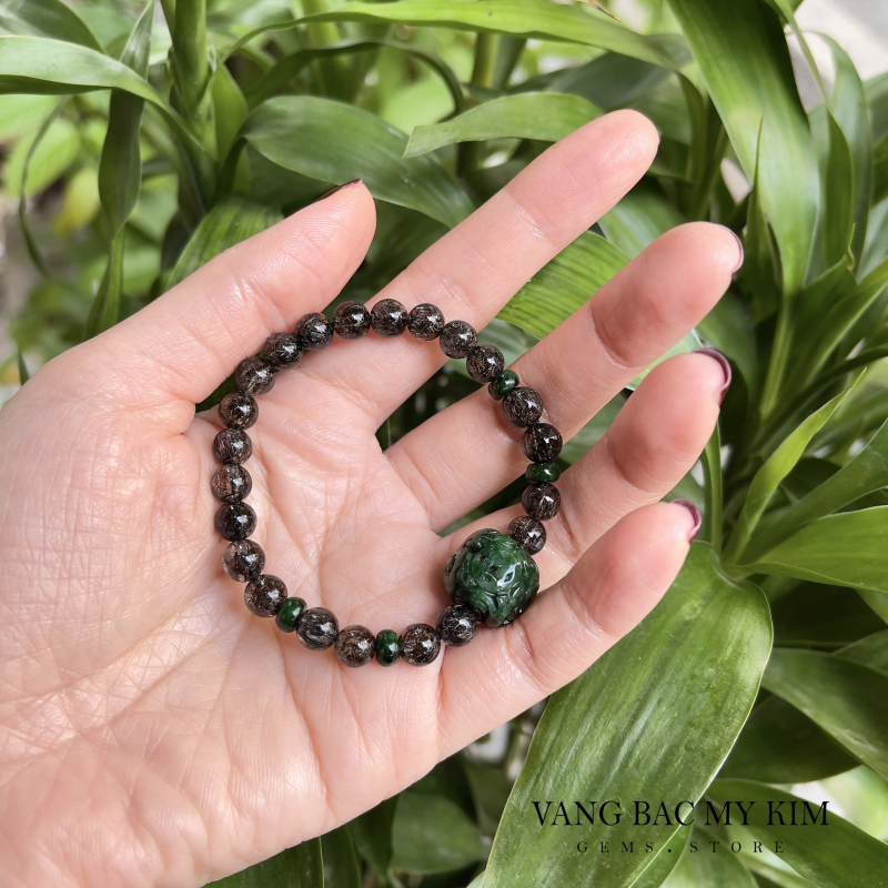 Vòng Thạch Anh Tóc Đen Ánh Kim - mix Ngọc Phỉ Thúy Jadeite điêu khắc
