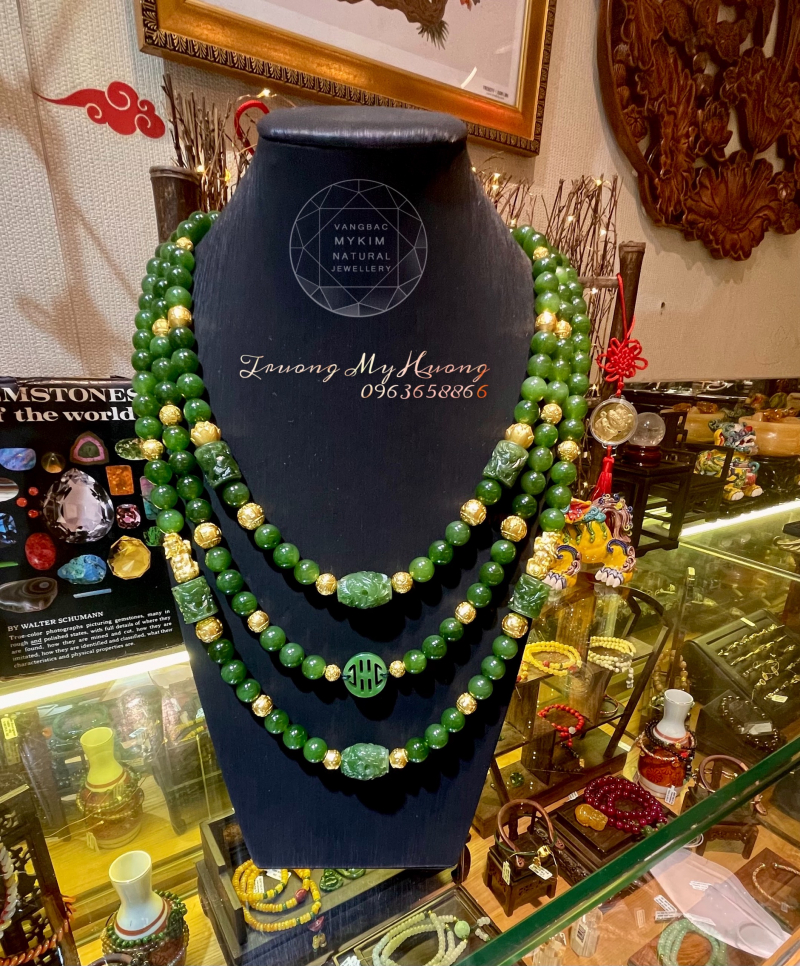 Chuỗi Vòng Cổ Ngọc Bích Nephrite Canada - kết Vàng 24k