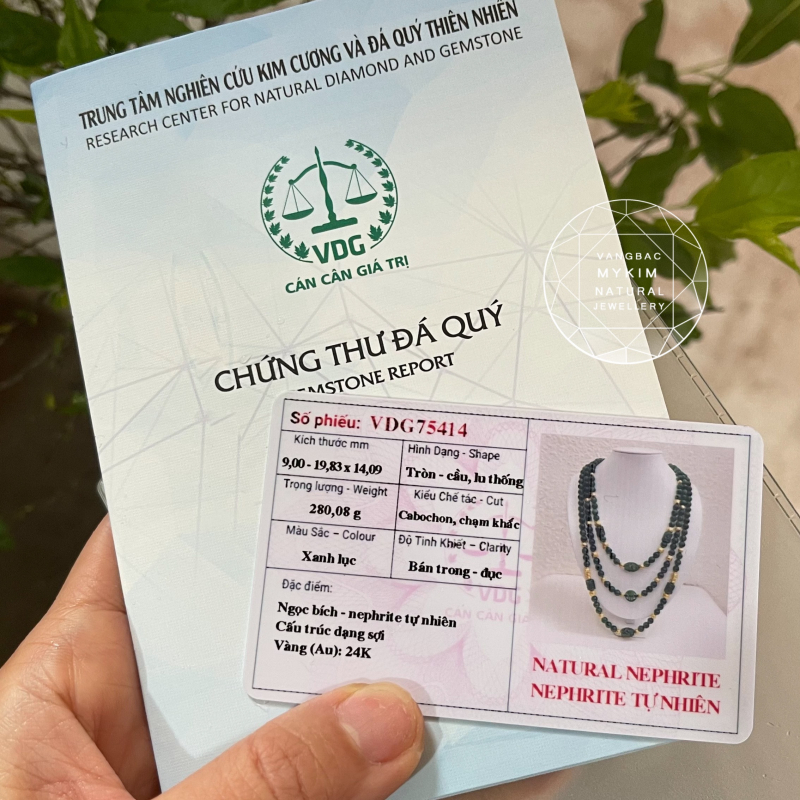 Chuỗi Vòng Cổ Ngọc Bích Nephrite Canada - kết Vàng 24k