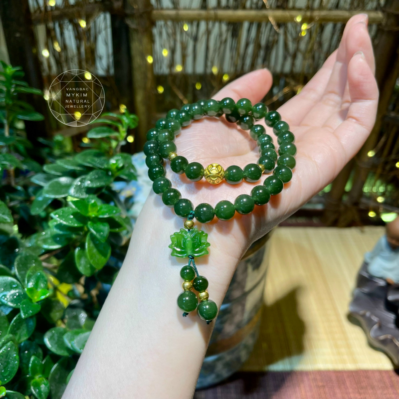 Chuỗi Vòng Ngọc Bích Nephrite Canada Hoa Sen - mix Vàng 24k - Xanh Đậm