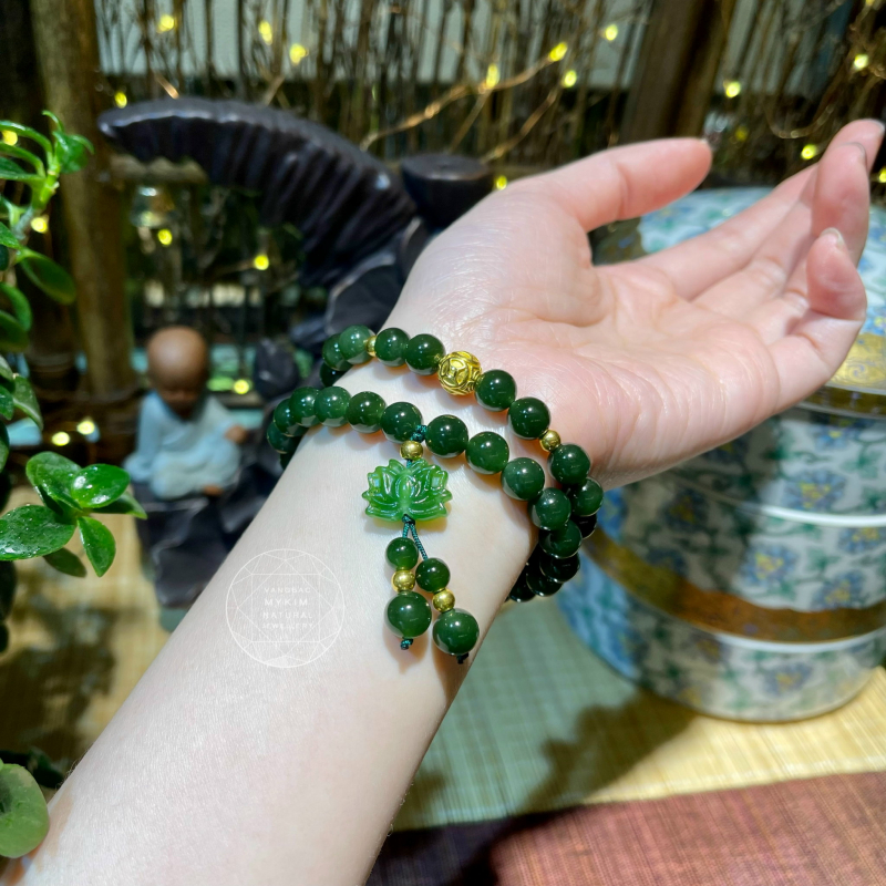 Chuỗi Vòng Ngọc Bích Nephrite Canada Hoa Sen - mix Vàng 24k - Xanh Đậm
