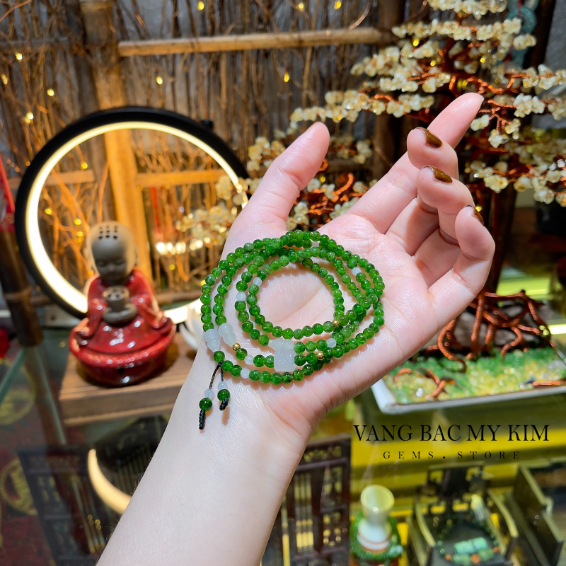 Chuỗi Vòng Đá Diopside mix Ngọc Phỉ Thúy - Vàng 24k