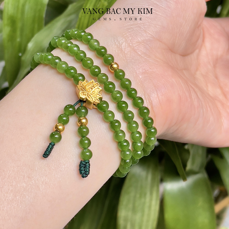 Chuỗi Vòng Ngọc Bích Nephrite - kết Charm Vàng 24k - 9999