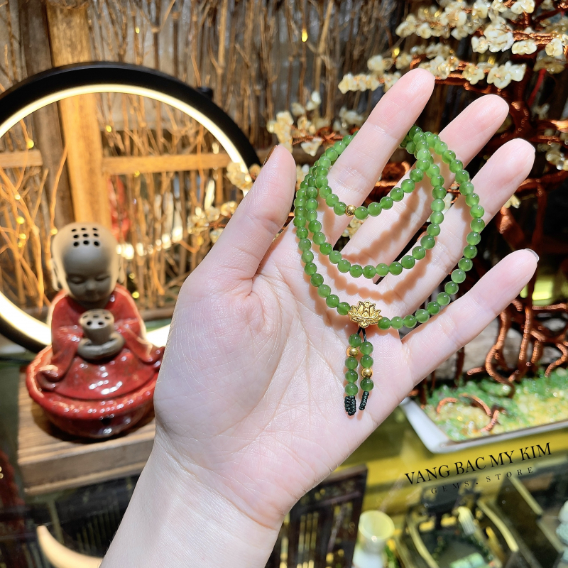 Chuỗi Vòng Ngọc Bích Nephrite - kết Charm Vàng 24k - 9999