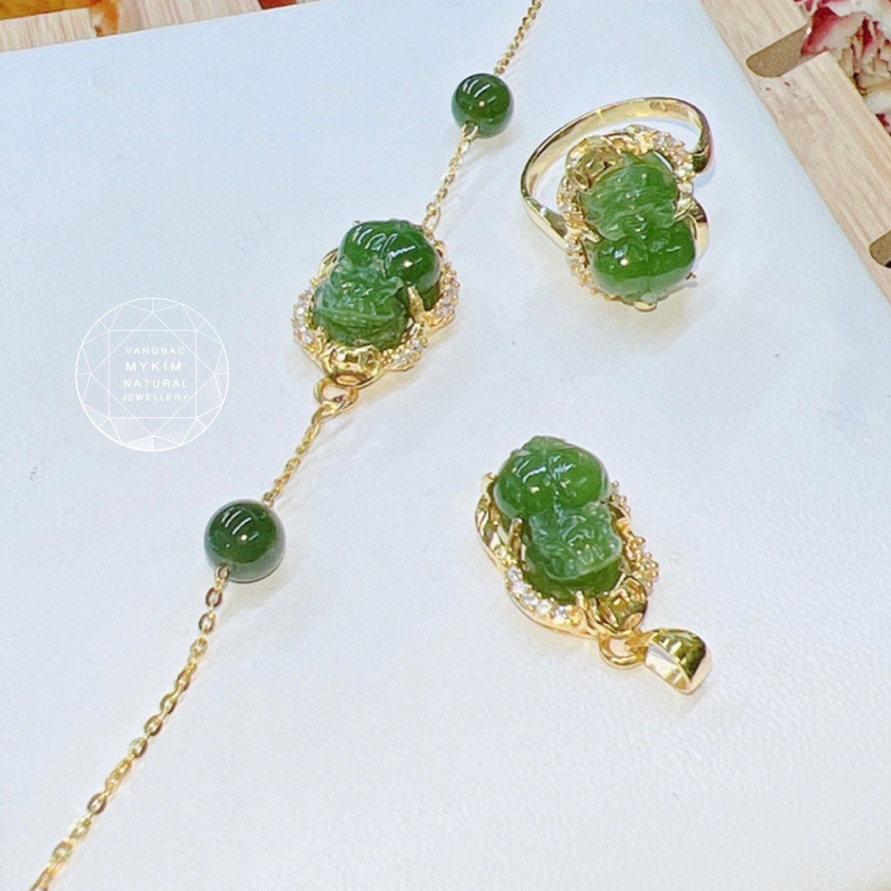 🐉 Set Bộ Tỳ Hưu Ngọc Bích Nephrite • Nhẫn, Mặt Dây & Vòng Tay • Vàng 14k • Phong Thủy Tài Lộc & Bình An