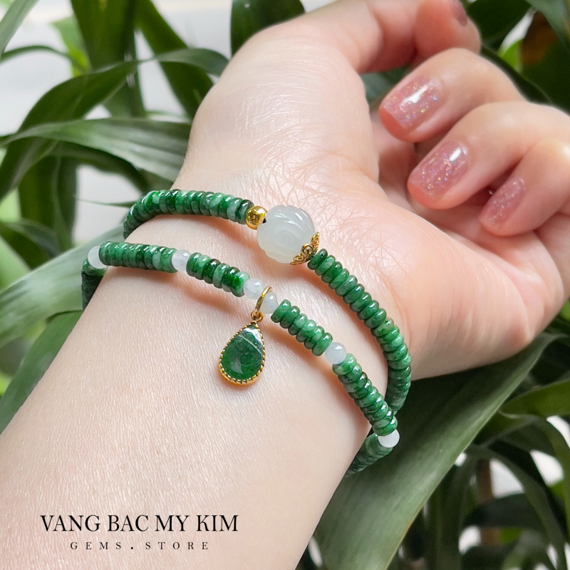 💚 Vòng Ngọc Phỉ Thúy Jadeite VIP | Mix Charm Hoa Sen & Giọt Ngọc Vàng