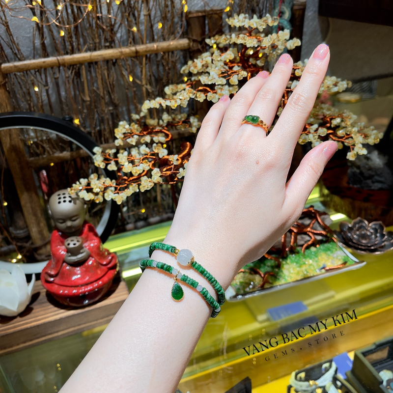 💚 Vòng Ngọc Phỉ Thúy Jadeite VIP | Mix Charm Hoa Sen & Giọt Ngọc Vàng