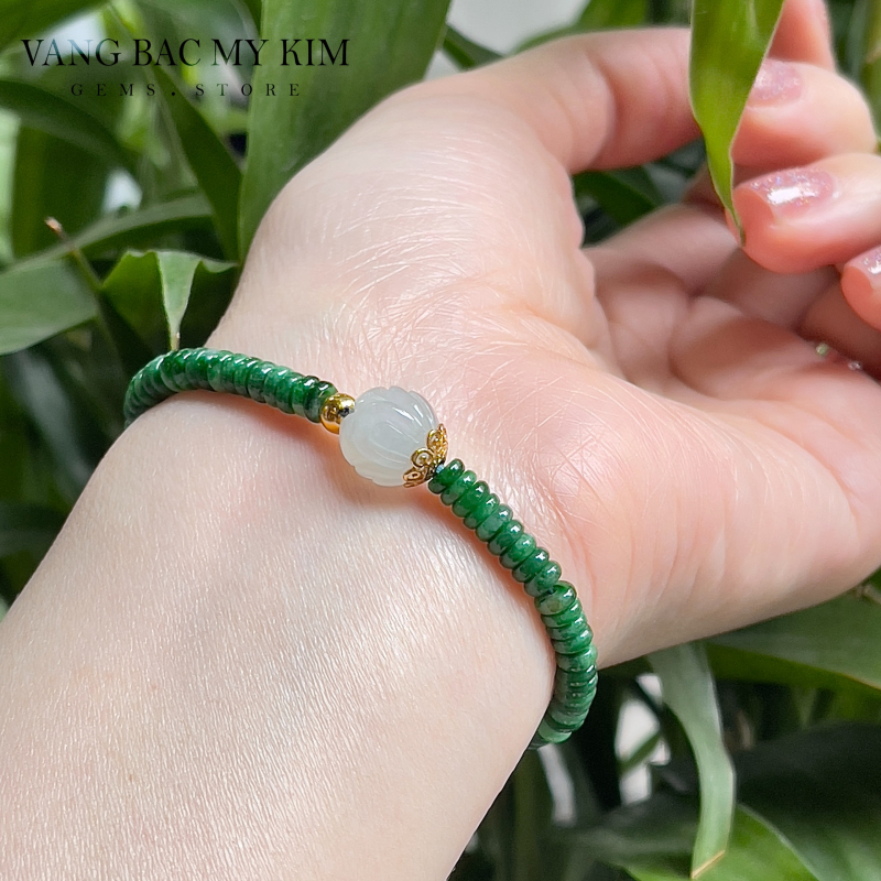 💚 Vòng Ngọc Phỉ Thúy Jadeite VIP | Mix Charm Hoa Sen & Giọt Ngọc Vàng
