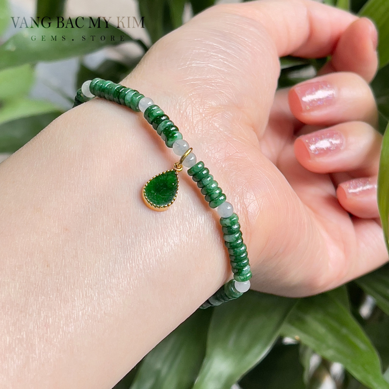 💚 Vòng Ngọc Phỉ Thúy Jadeite VIP | Mix Charm Hoa Sen & Giọt Ngọc Vàng