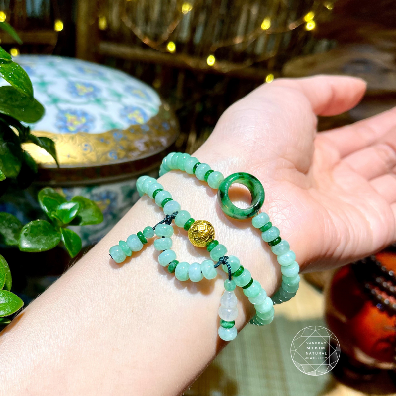 💚 Vòng Ngọc Phỉ Thúy Jadeite Xanh Bạc Hà – 3 Vòng Quấn Tay | Mix Đồng Điếu & Charm Vàng Tụ Tài