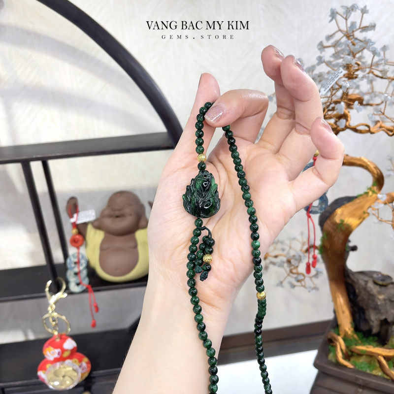 🖤 Vòng Đá Sơn Thủy – Charm Hồ Ly 9 Đuôi Ngọc Jadeite & Bi Vàng 10K | Tượng Trưng Trí Tuệ – Nữ Tính – Thu Hút Tinh Tế