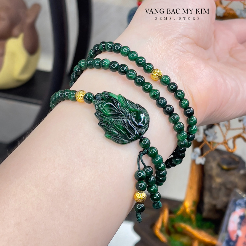 🖤 Vòng Đá Sơn Thủy – Charm Hồ Ly 9 Đuôi Ngọc Jadeite & Bi Vàng 10K | Tượng Trưng Trí Tuệ – Nữ Tính – Thu Hút Tinh Tế