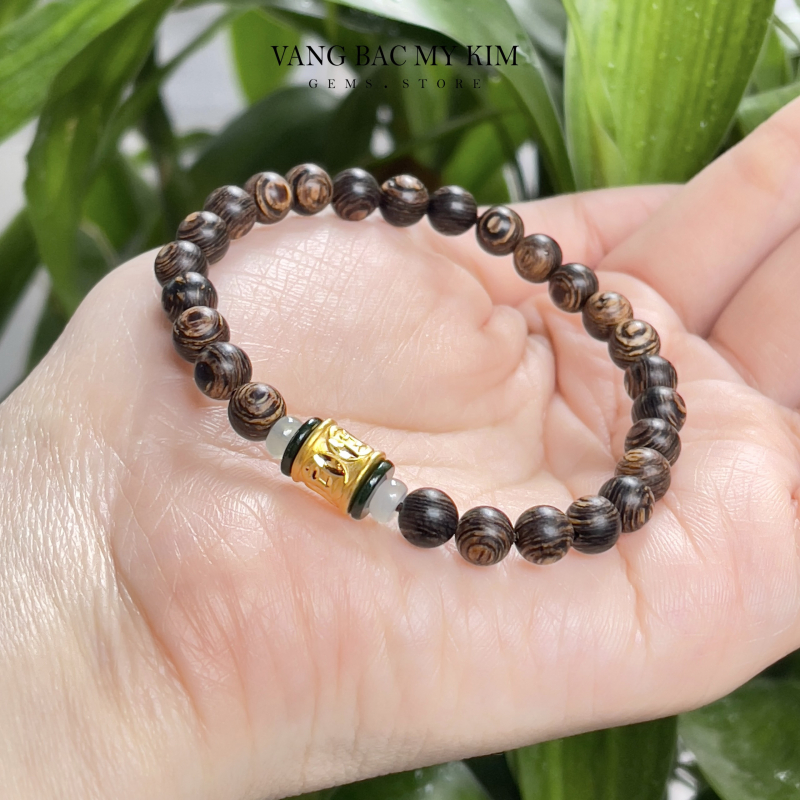 Vòng Trầm Hương Indo mix Ngọc Phỉ Thúy - Charm Vàng 24k