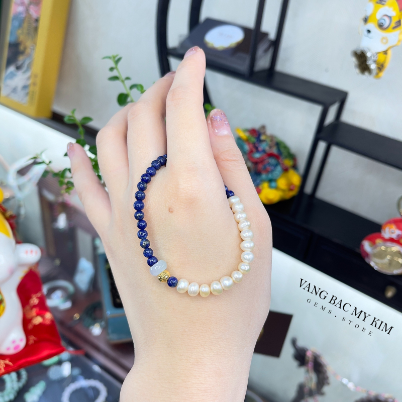 Vòng đá Lapis mix Ngọc Jadeite - Ngọc Trai - Bi Vàng 10k