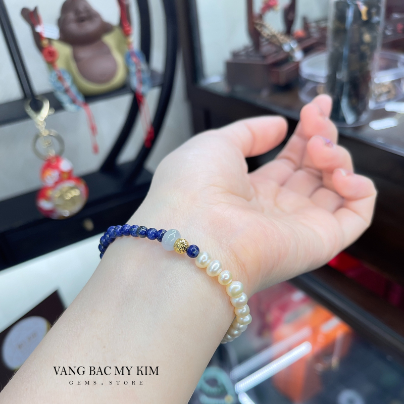 Vòng đá Lapis mix Ngọc Jadeite - Ngọc Trai - Bi Vàng 10k