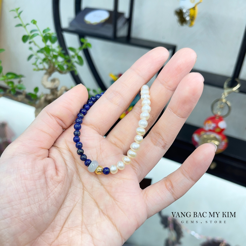 Vòng đá Lapis mix Ngọc Jadeite - Ngọc Trai - Bi Vàng 10k