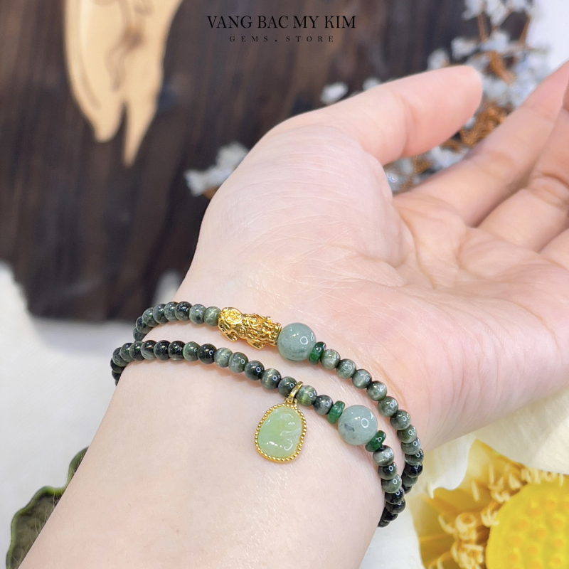 Chuỗi Vòng Đá Mắt Mèo VIP mix Ngọc Phỉ Thúy - Charm Vàng 10k & 14k