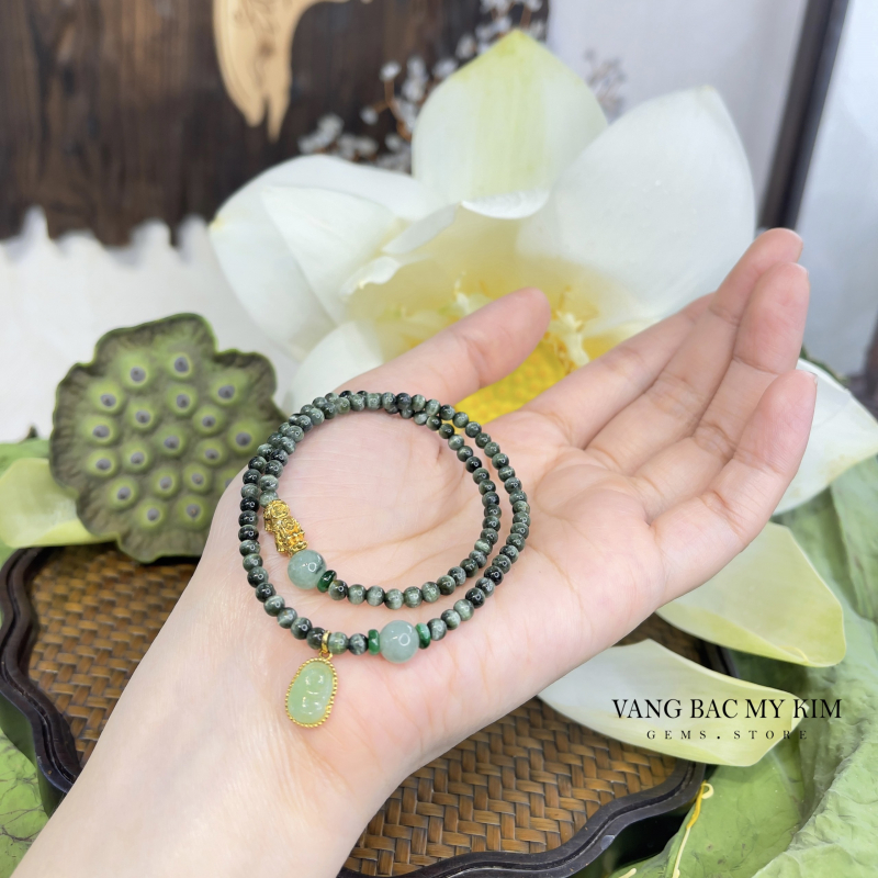 Chuỗi Vòng Đá Mắt Mèo VIP mix Ngọc Phỉ Thúy - Charm Vàng 10k & 14k