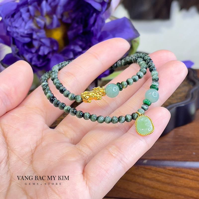 Chuỗi Vòng Đá Mắt Mèo VIP mix Ngọc Phỉ Thúy - Charm Vàng 10k & 14k