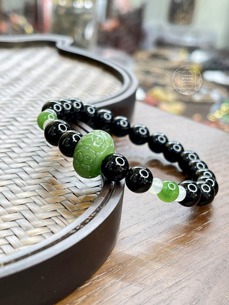 Vòng Đá Mã Não Đen 🍀 Mix Charm Ngọc Bích & Phỉ Thúy Jadeite • Trang Sức Phong Thủy Tài Lộc & Bình An