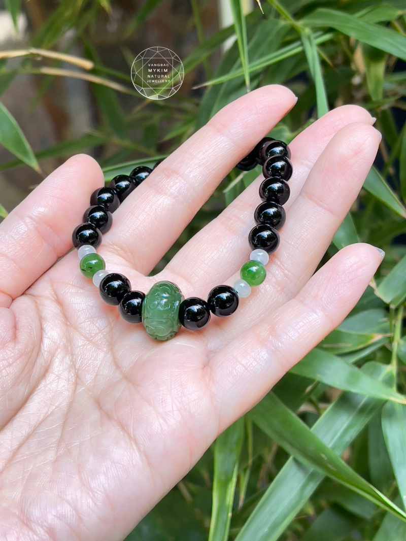  Vòng Đá Mã Não Đen 🍀 Mix Charm Ngọc Bích & Phỉ Thúy Jadeite • Trang Sức Phong Thủy Tài Lộc & Bình An