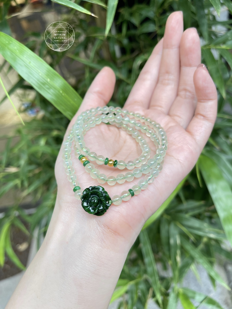 Chuỗi Vòng Đá Thạch Anh Prehnite mix Ngọc Phỉ Thúy Jadeite - Bi Vàng