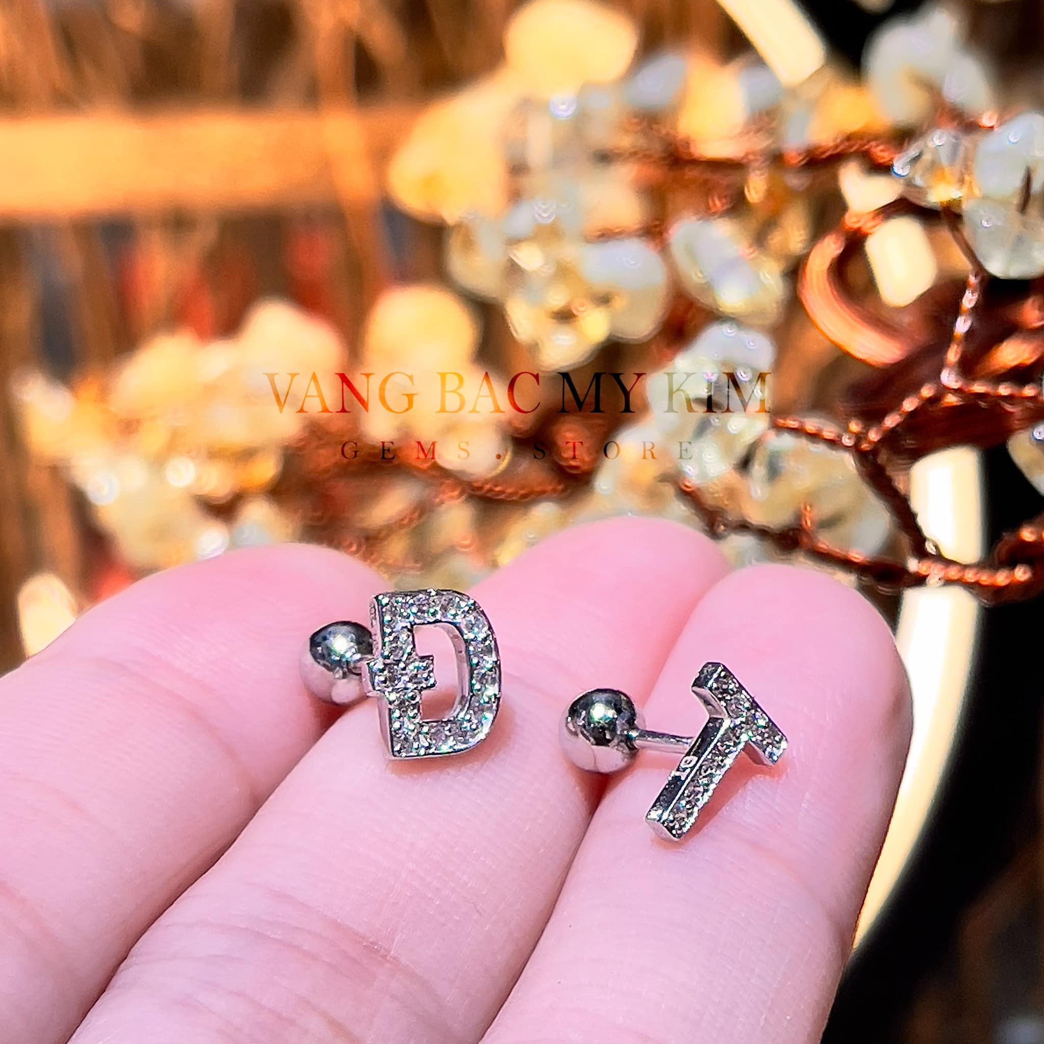 Bông Tai Chữ Cái - Vàng Trắng 14k - Size To