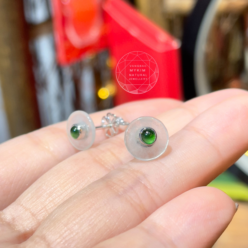 Bông Tai Đồng Điếu Băng Ngọc Phỉ Thúy - Đế Vương Jadeite - Vàng Trăng 18k
