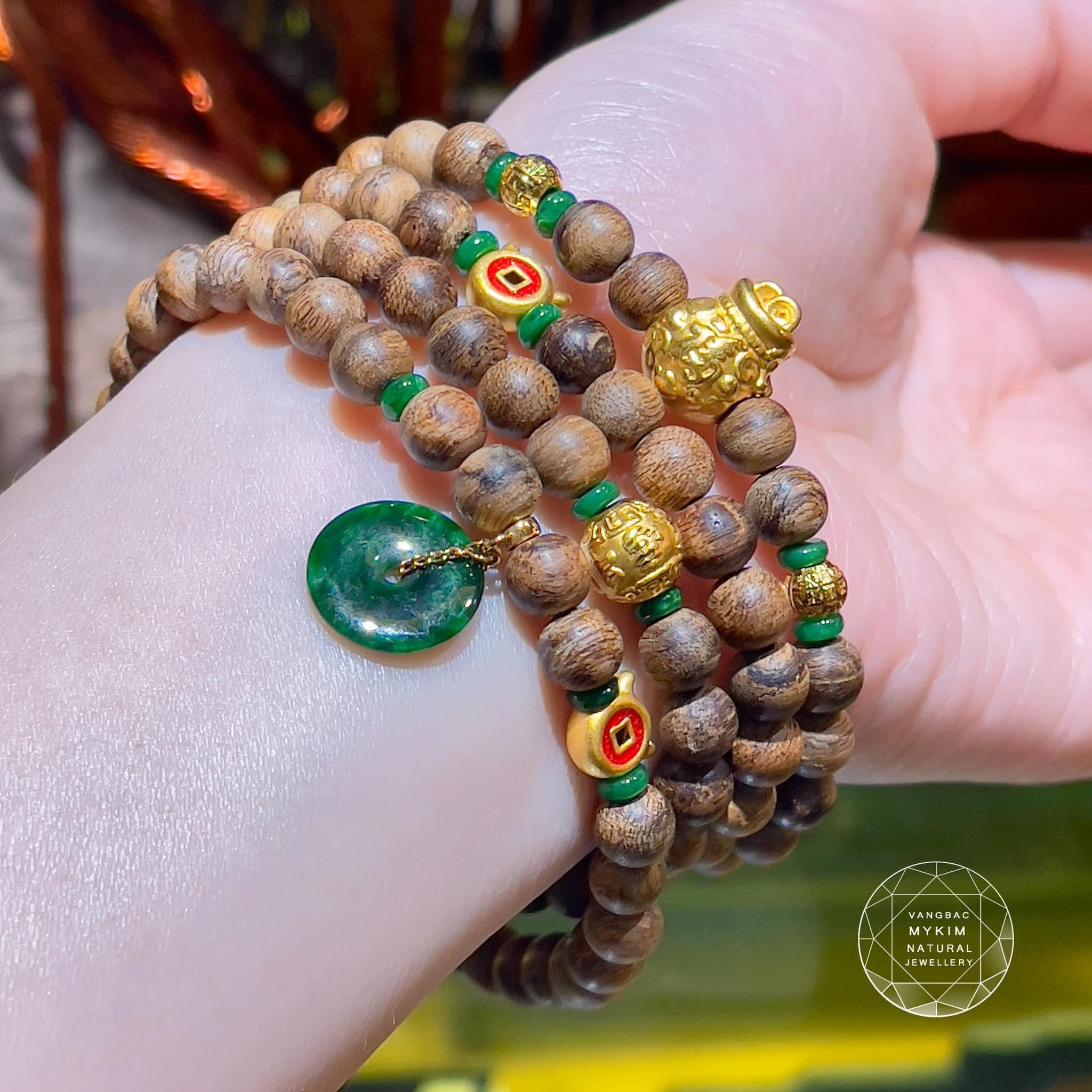 Chuỗi Vòng Trầm Hương Indo mix Vàng 24k - NGọc Phỉ Thúy Jadeite VIP