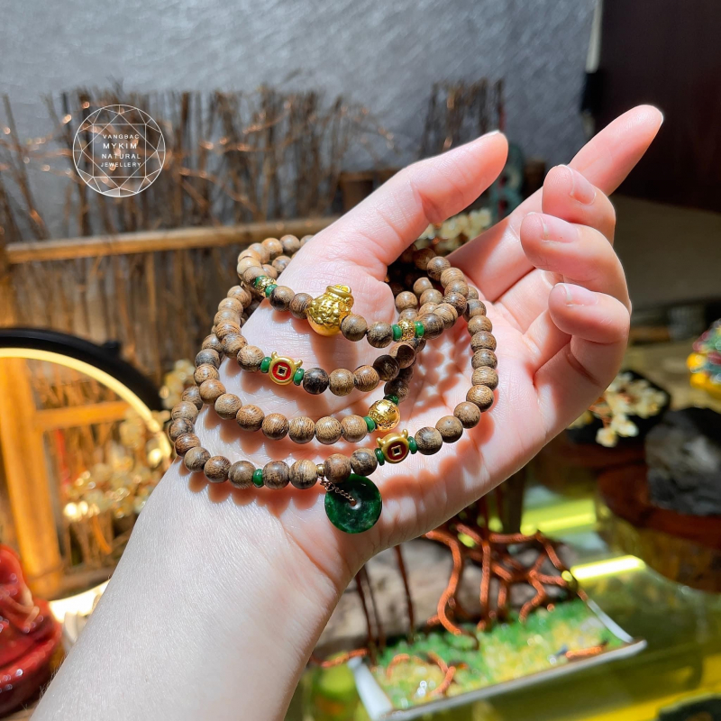 Chuỗi Vòng Trầm Hương Indo mix Vàng 24k - NGọc Phỉ Thúy Jadeite VIP