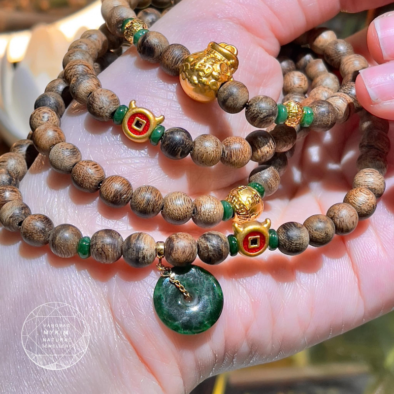 Chuỗi Vòng Trầm Hương Indo mix Vàng 24k - NGọc Phỉ Thúy Jadeite VIP