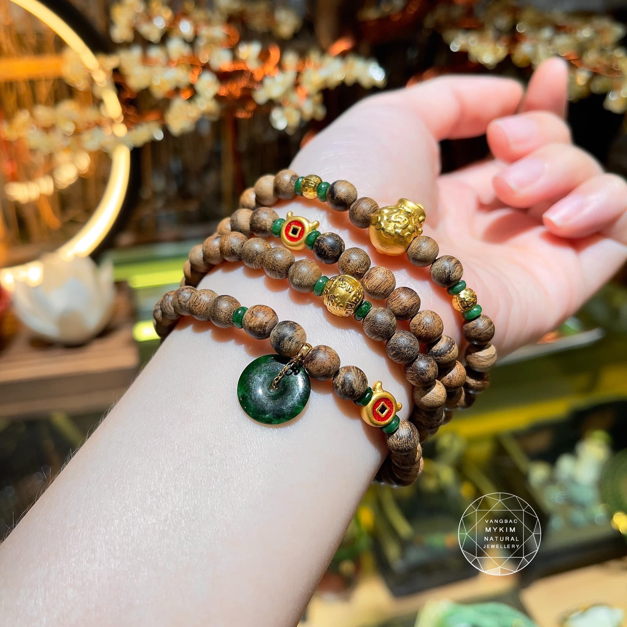 Chuỗi Vòng Trầm Hương Indo mix Vàng 24k - NGọc Phỉ Thúy Jadeite VIP