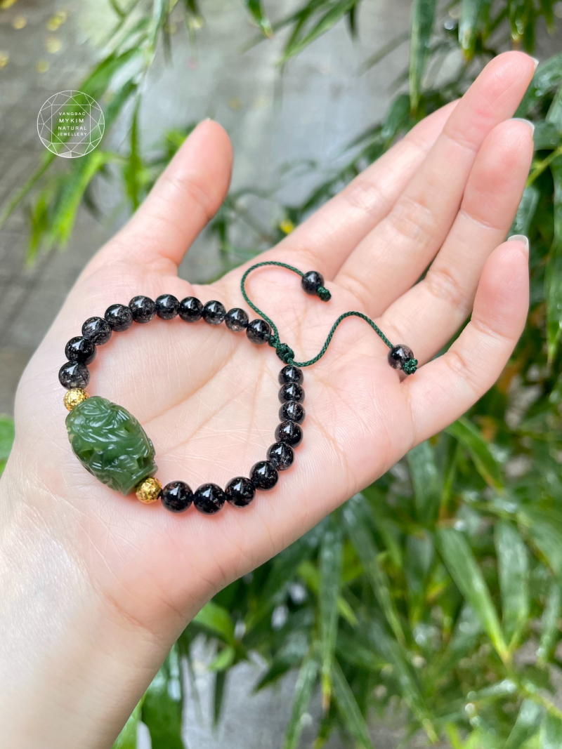 Vòng Thạch Anh Tóc Đen tết Lu Ngọc Bích Nephrite Canada - Vàng 10k