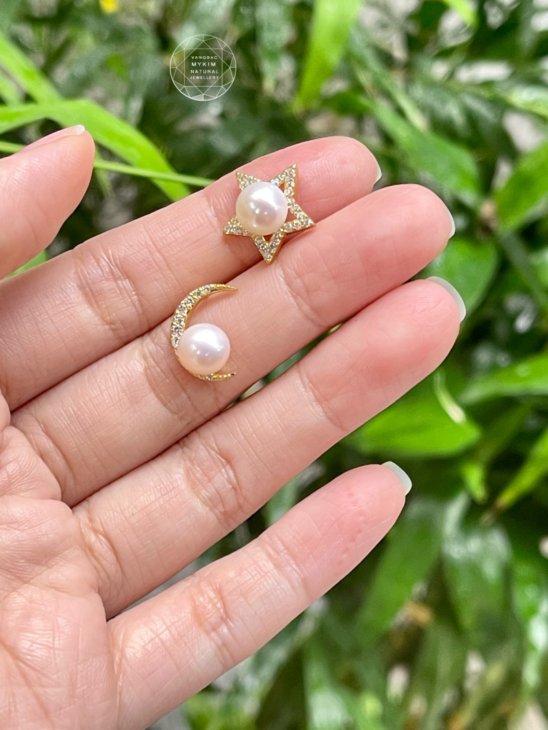 Bông Tai Trăng Sao - Đính Ngọc Trai - Vàng 14k