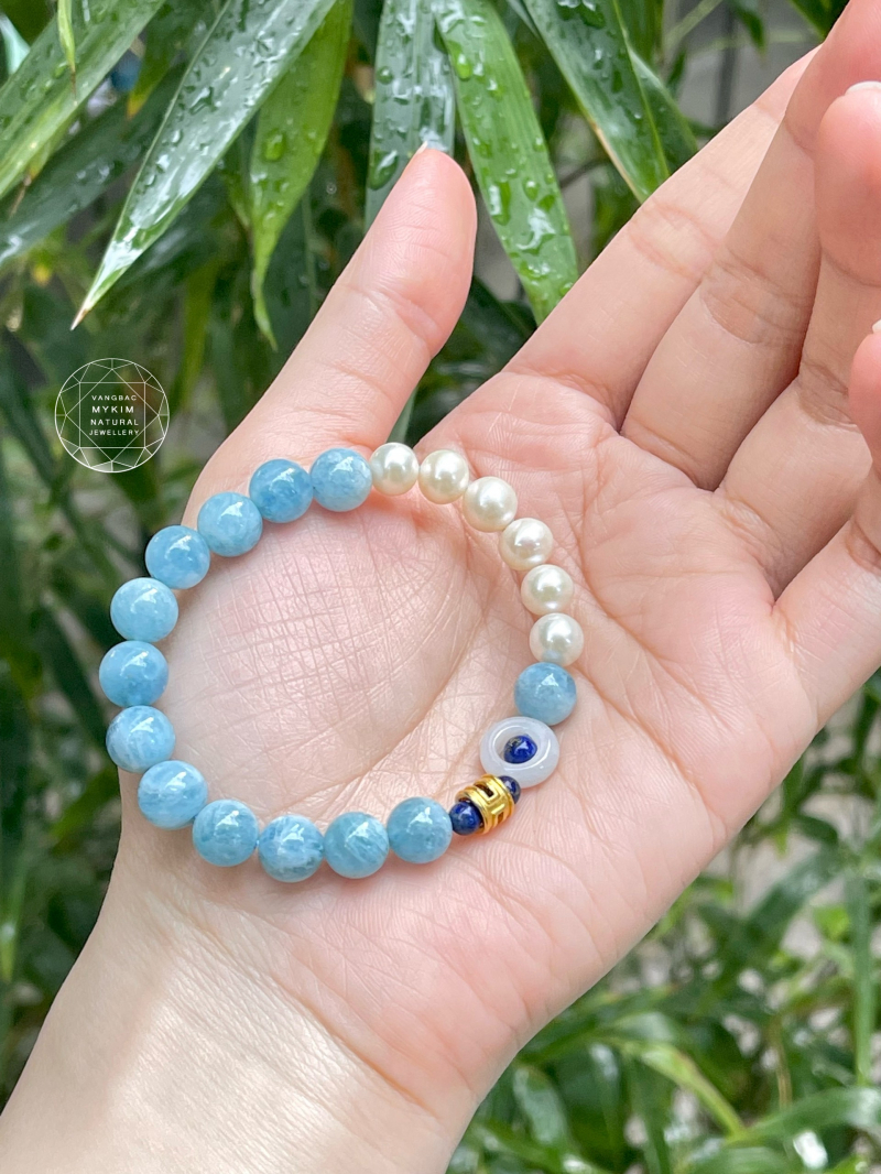 Vòng Đá Aquamarine mix Ngọc Trai - Jadeite - Lapis - Vàng 24k