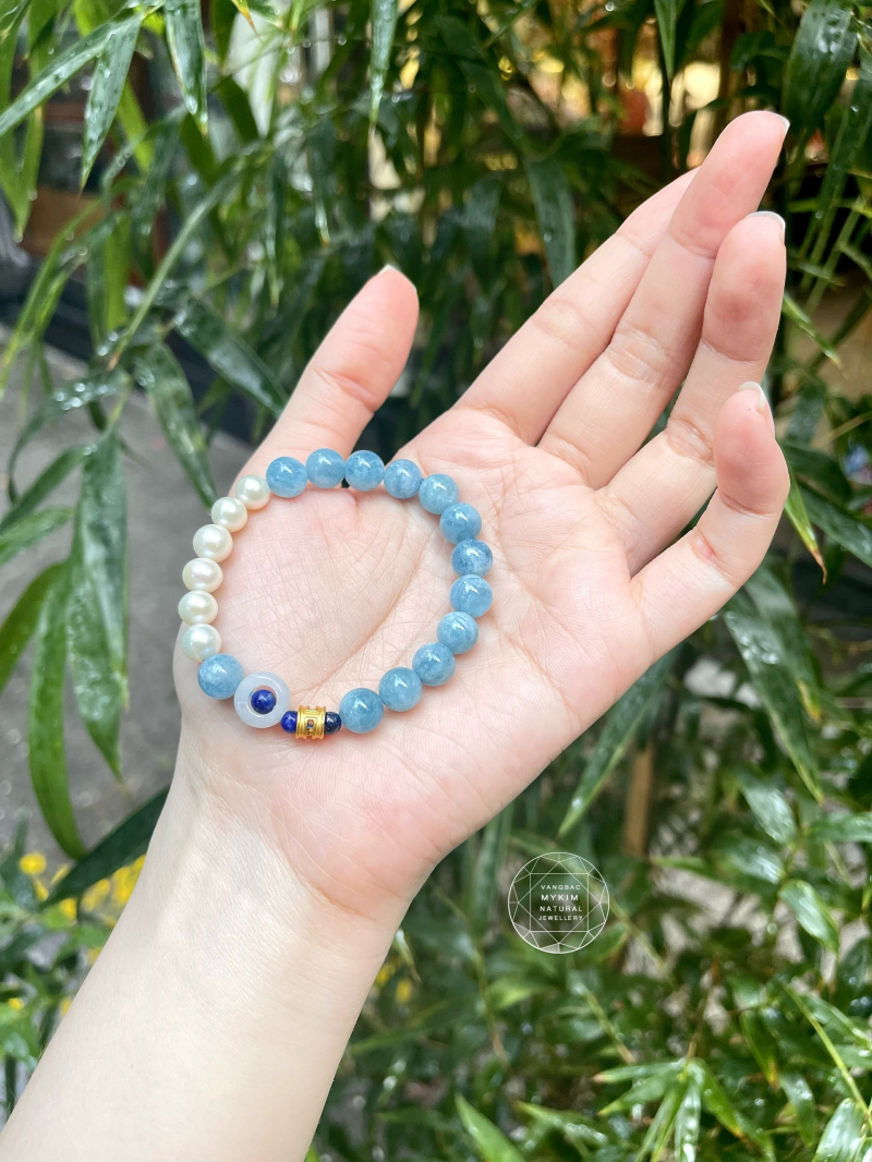 Vòng Đá Aquamarine mix Ngọc Trai - Jadeite - Lapis - Vàng 24k
