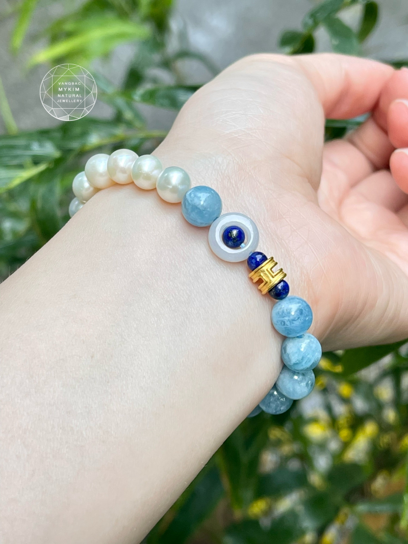 Vòng Đá Aquamarine mix Ngọc Trai - Jadeite - Lapis - Vàng 24k
