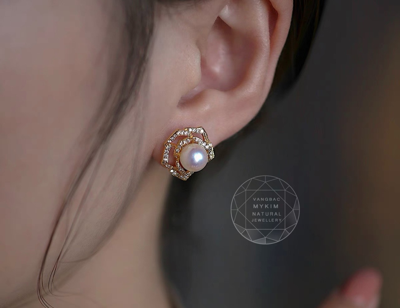 Bông Tai Hoa Hồng đính Ngọc Trai - Vàng 10k - 14k