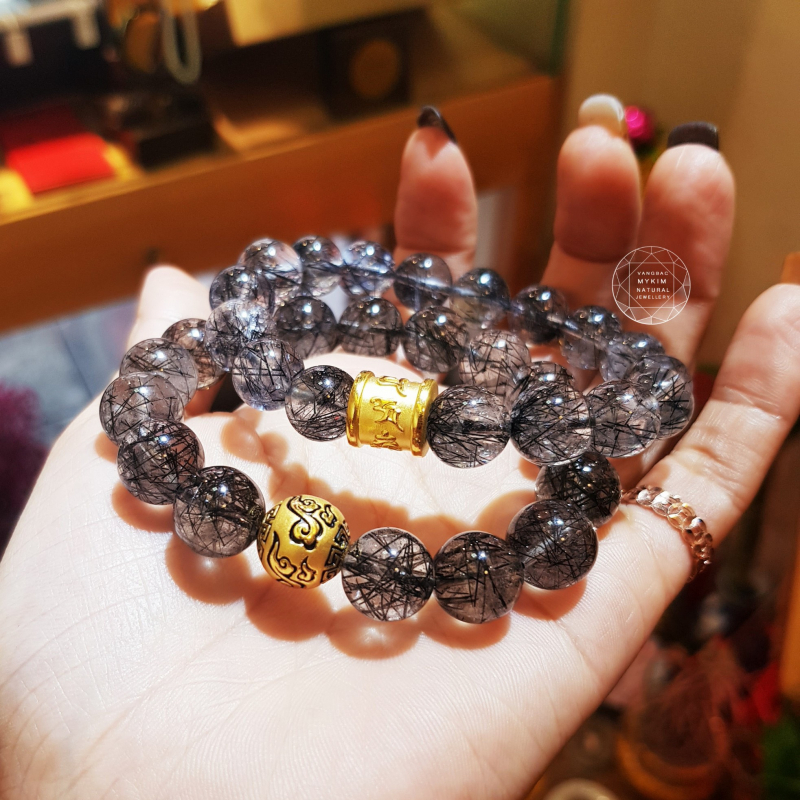 Vòng Thạch Anh Tóc Đen mix Charm Vàng 24k 9999